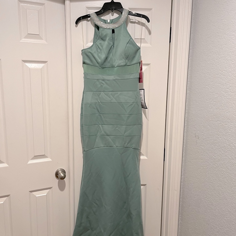 Emerald Sundae Sage Green Ball Gown Dress with Mesh Detail. Fits Mermaid style.